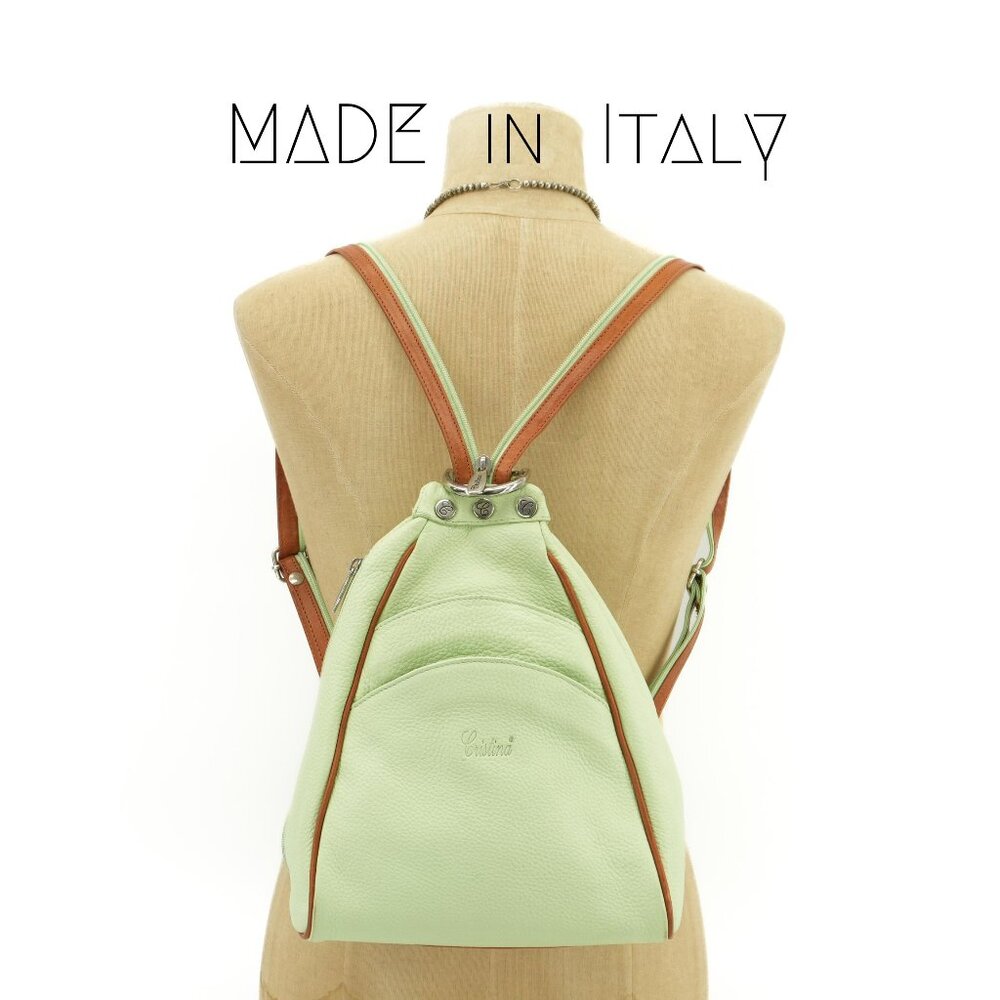 Green Backpack Vintage Mint Leather Convertible Sling Bag Made in Italy
